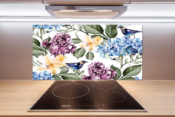 Platte für Küchenrückwand Blumen und Vögel