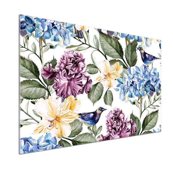 Platte für Küchenrückwand Blumen und Vögel