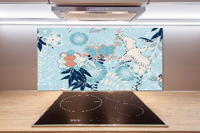 Küchen wandpaneel Kranich und Blumen