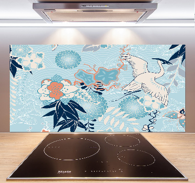 Küchen wandpaneel Kranich und Blumen