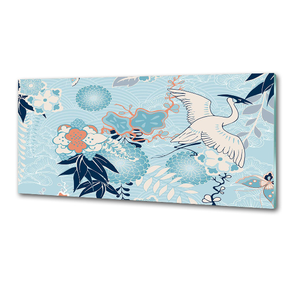 Küchen wandpaneel Kranich und Blumen