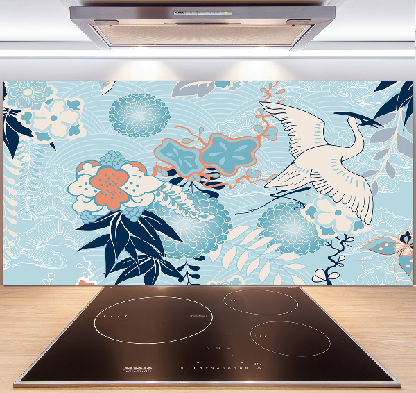 Küchen wandpaneel Kranich und Blumen