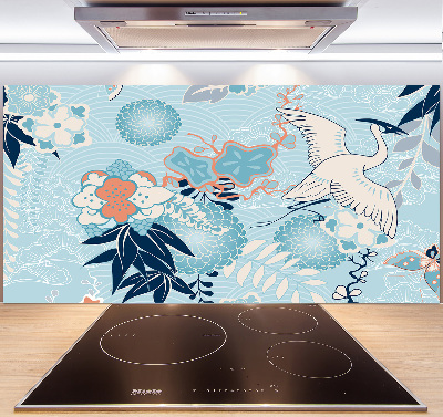 Küchen wandpaneel Kranich und Blumen