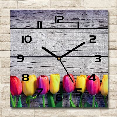 Wanduhr quadratisch Tulpen auf Holz