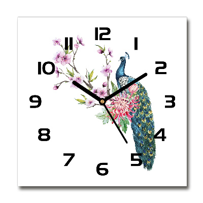 Wanduhr quadratisch Pfau und Blumen