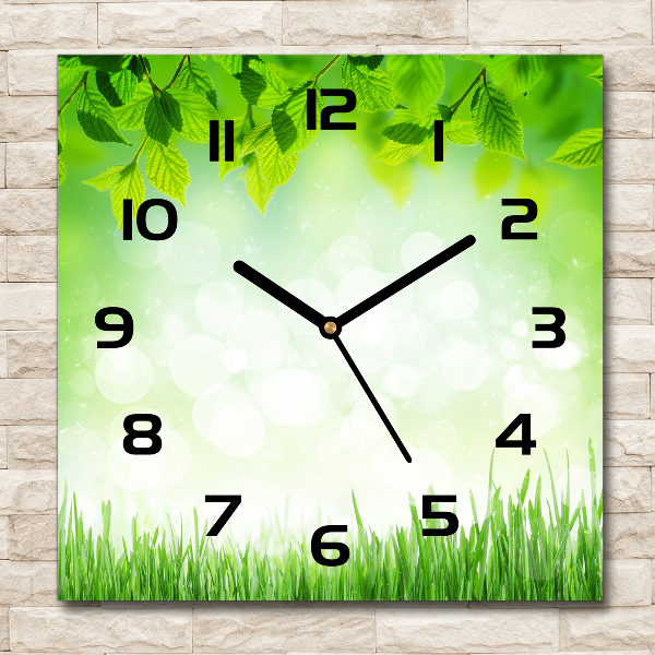 Wanduhr quadratisch Blätter und Gras