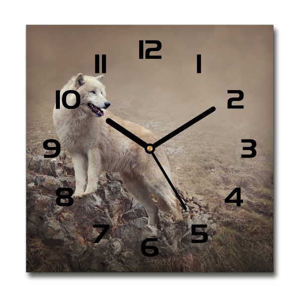 Wanduhr modern quadratisch Weißer Wolf auf einem Felsen
