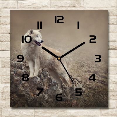 Wanduhr modern quadratisch Weißer Wolf auf einem Felsen