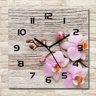 Wanduhr quadratisch Orchidee auf Holz