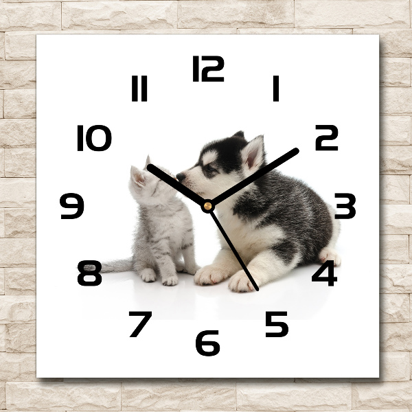 Wanduhr modern quadratisch Hund und Katze