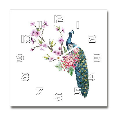 Wanduhr modern quadratisch Pfau und Blumen