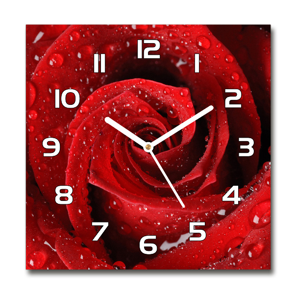 Wanduhr modern quadratisch Tropfen auf einer Rose