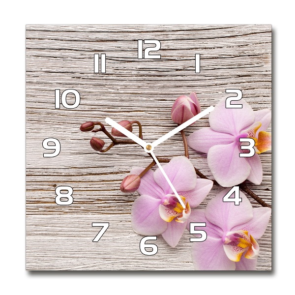 Wanduhr modern quadratisch Orchidee auf Holz