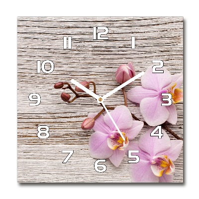 Wanduhr modern quadratisch Orchidee auf Holz