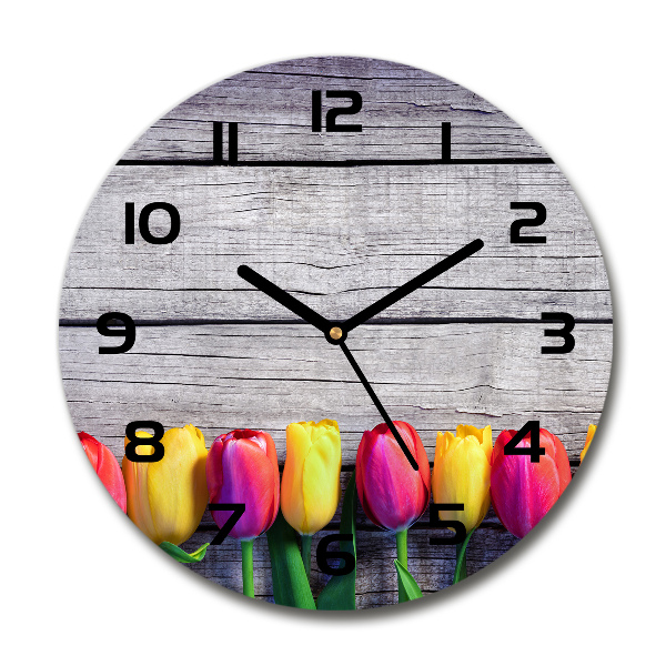 Wanduhr glas rund Tulpen auf Holz