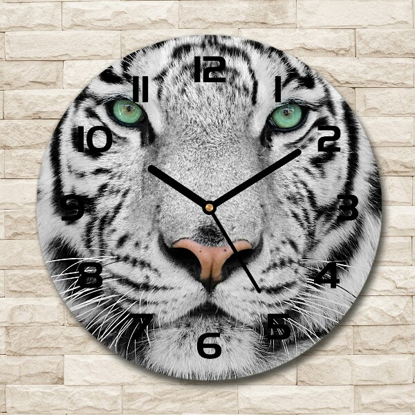 Wanduhr glas rund Weißer Tiger