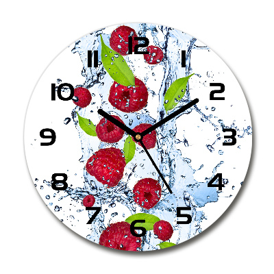 Wanduhr glas rund Himbeeren und Wasser