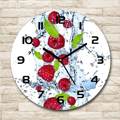Wanduhr glas rund Himbeeren und Wasser