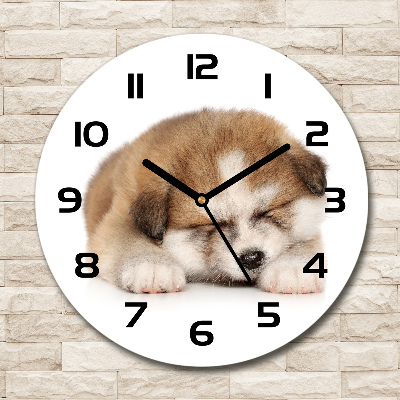 Wanduhr glas rund Akita-Welpe