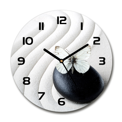 Wanduhr glas rund Zen-Stein und Schmetterling