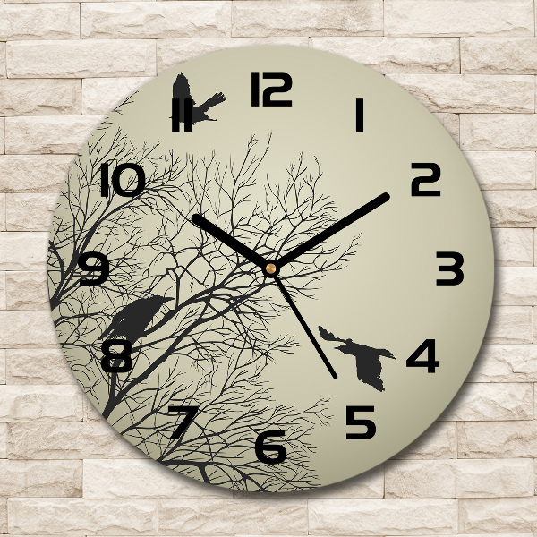 Wanduhr glas rund Krähen auf einem Baum