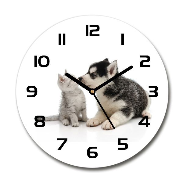Wanduhr glas rund Hund und Katze