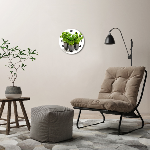 Wanduhr glas rund Kräuter in Töpfen