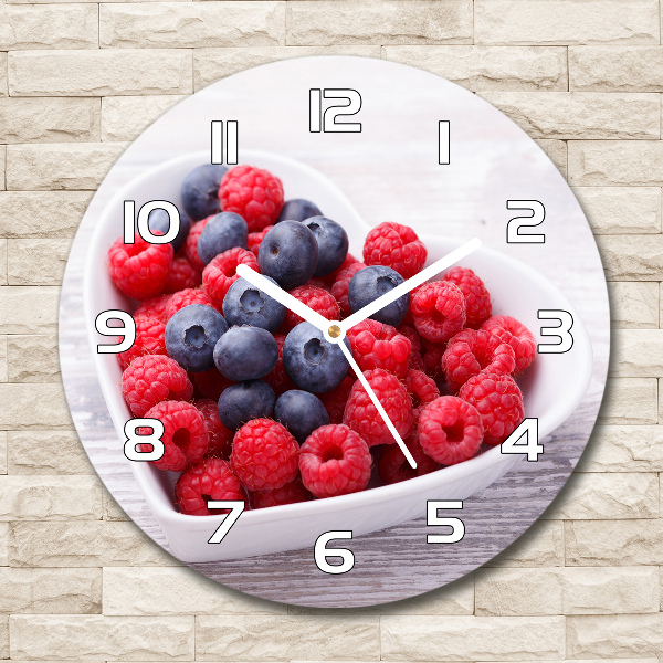 Wanduhr glas rund Himbeeren und Blaubeeren