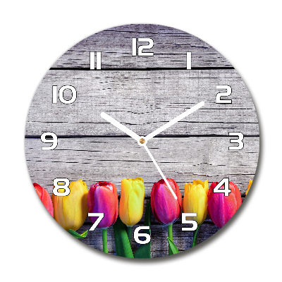 Wanduhr rund Tulpen auf Holz