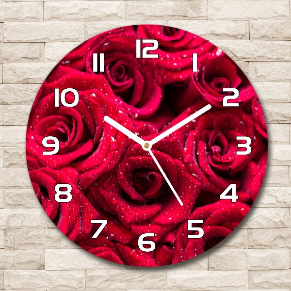 Wanduhr glas rund Tropfen auf Rosen