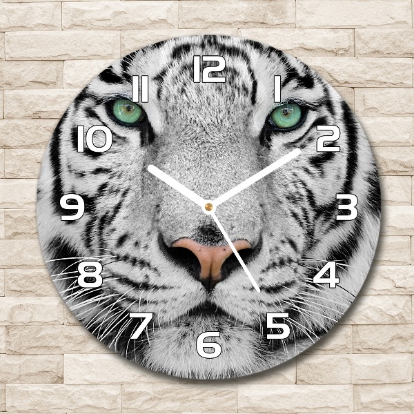 Wanduhr glas rund Weißer Tiger