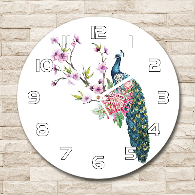 Wanduhr rund Pfau und Blumen