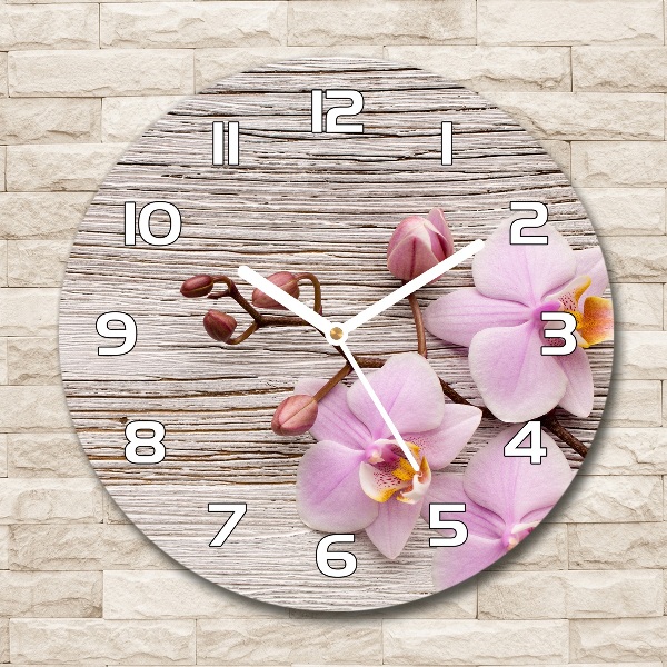 Wanduhr rund Orchidee auf Holz
