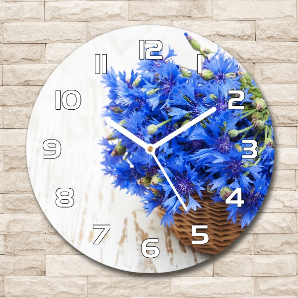 Wanduhr glas rund Kornblumen in einem Korb
