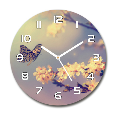 Wanduhr rund Kirschblüte und Schmetterling