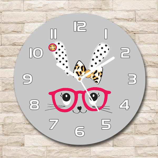 Wanduhr glas rund Kaninchen mit Brille