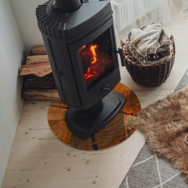 Runde Glasplatte für Kaminofen Holz im Querschnitt mit natürlicher Maserung