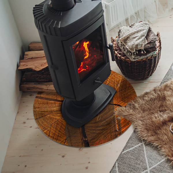 Runde Glasplatte für Kaminofen Holz im Querschnitt mit natürlicher Maserung