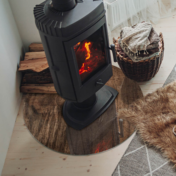 Runde Glasbodenplatte Kamin Kiefernholzmuster