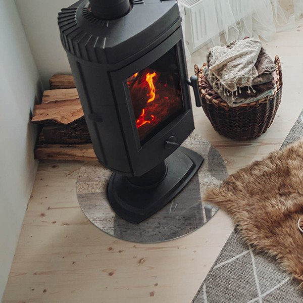 Runde Glasbodenplatte Kamin Natürliche helle Holzmaserung