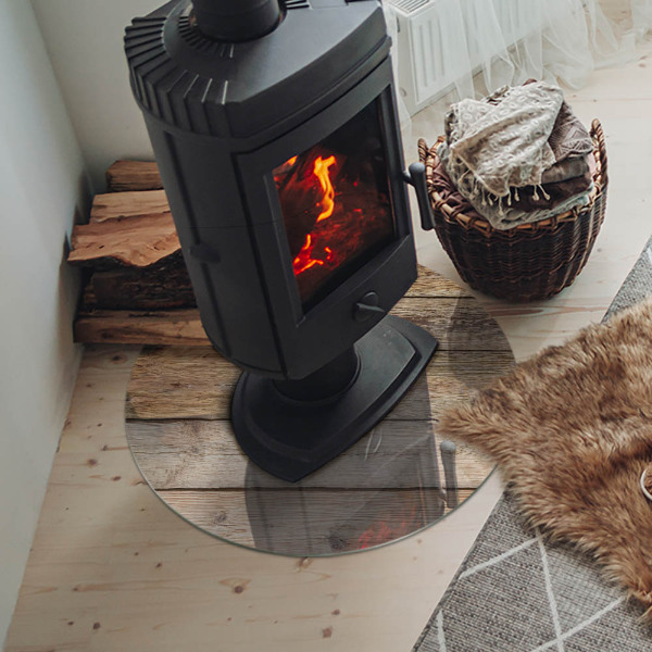 Runde Glasplatte für Kaminofen Holzmosaik im Layout