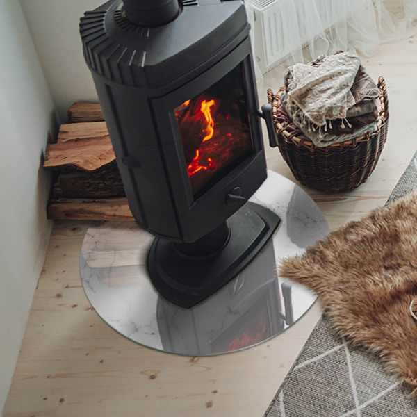 Runde Glasplatte für Kaminofen Marmormotiv mit feinen Adern