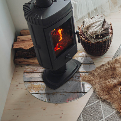 Runde Glasbodenplatte Kamin Rostiges Holzbrett