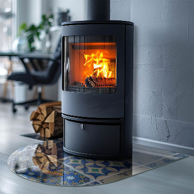 Halbrunde Glasplatte für Kaminofen Keramische Muster im Hintergrund