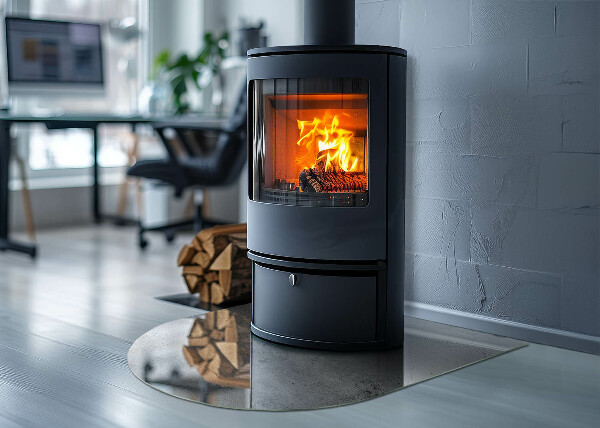 Halbrunde Glasplatte für Kaminofen Sichtbeton im minimalistischen Stil