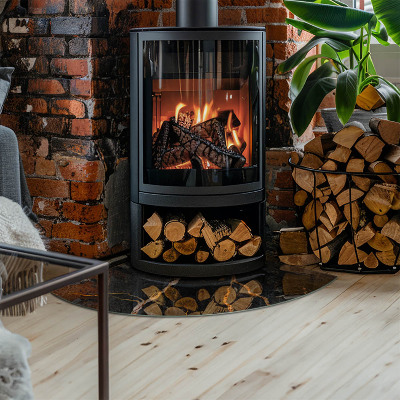 Glasbodenplatte Ecke Kamin Marmoroptik mit feiner Maserung