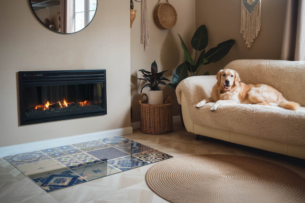 Rechteckige Glasplatte für Kaminofen Keramische Muster im Hintergrund