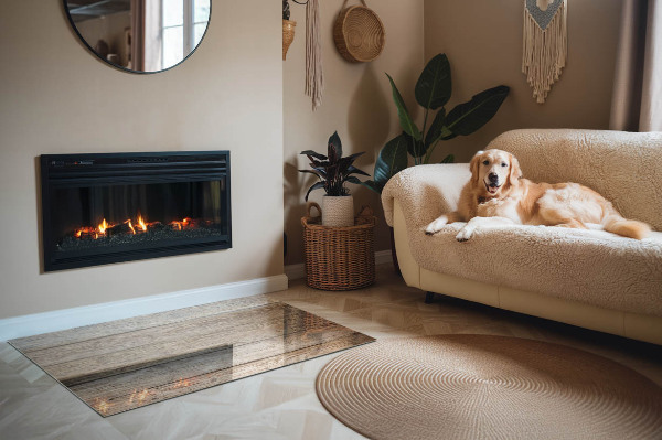 Rechteckige Funkenschutzplatte Glas Holzmaserung im natürlichen Stil