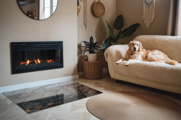 Rechteckige Glasplatte für Kaminofen Steinoptik in natürlicher Ausführung