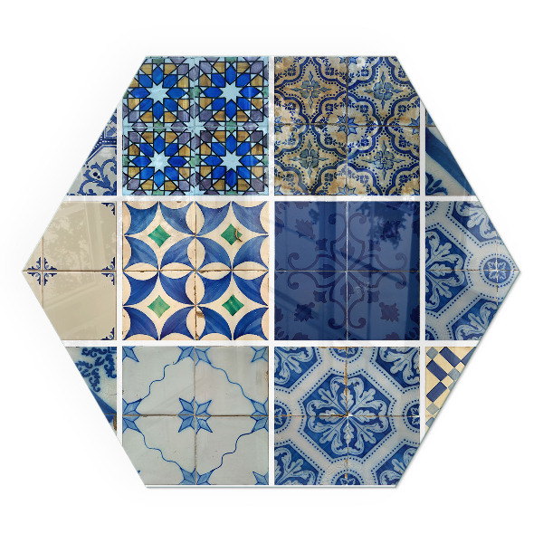 Sechseckige Glasplatte für Kamin Keramische Muster im Hintergrund